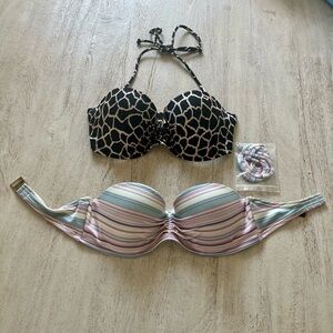 Victoria's Secret Black and Cream Giraffe Print & Pastel Striped Bikini Tops 32D